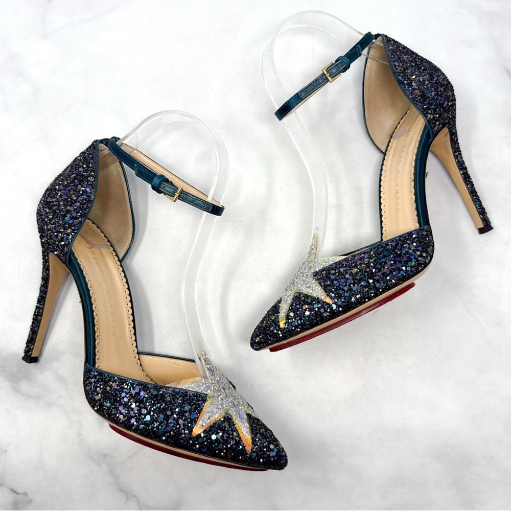 Charlotte Olympia Twilight Princess Glitter Star Ankle Strap Pointed Toe Heels - Picture 2 of 16